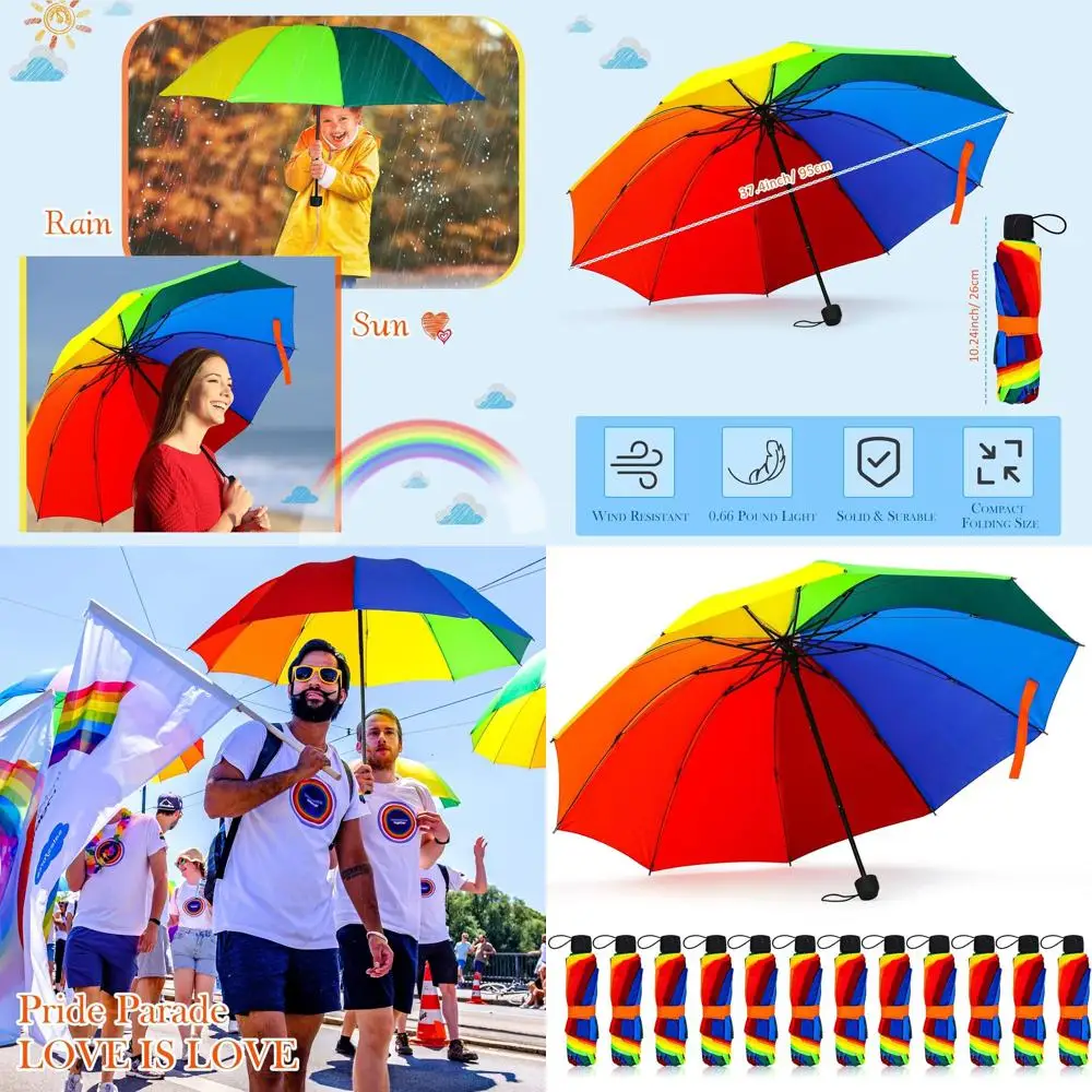 

Compact Rainbow Pride Umbrella - Tri-fold Windproof Travel Beach Wedding Umbrella