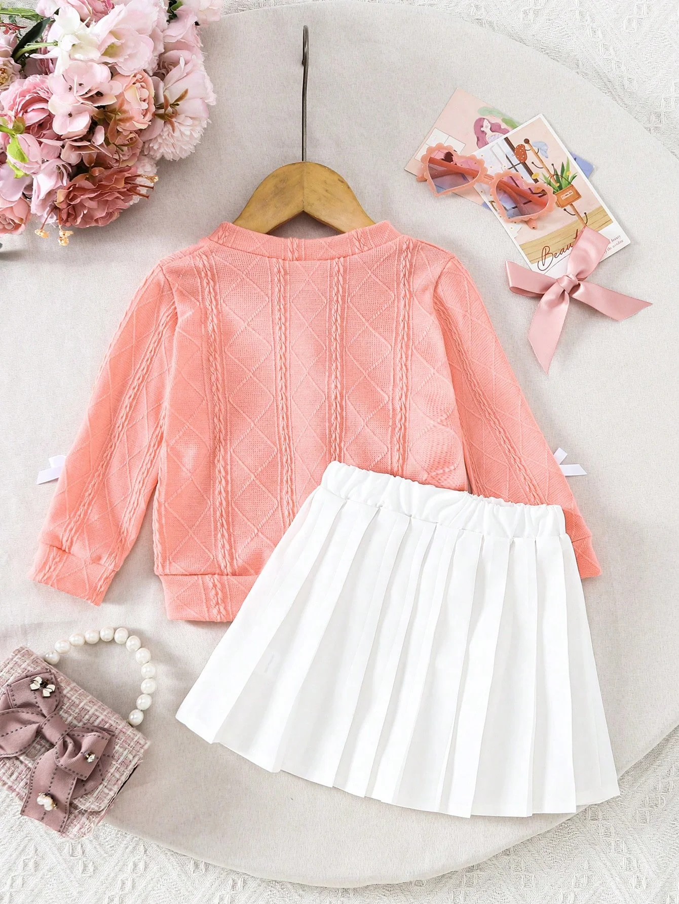 Toddler Baby Girl 6M-3Y 2Pcs Outfit Pink Bow Knit Cardigan White Pleated Skirt Spring Autumn Princess Clothes Set