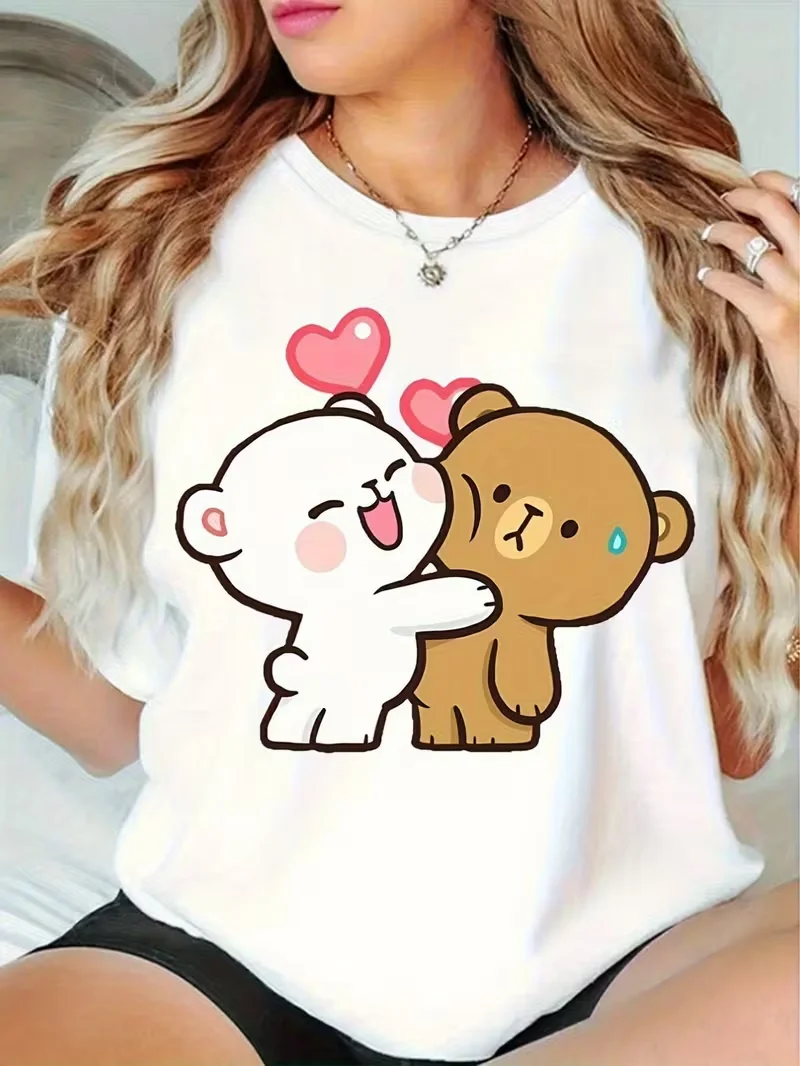 

Women's crew neck T-shirt with trendy letter and anime prints, featuring a simple design, comfortable and breathable
