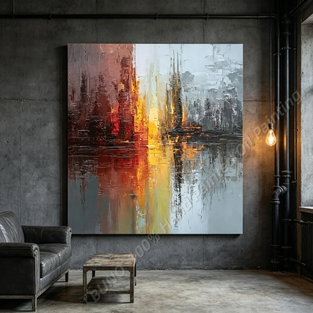 Hand Painted Abstract Oil Painting Original Cityscape Skyline Industrial Textured Canvas Wall Art Home Living Room Bedroom Decor