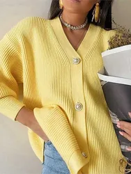 Women's Autumn Winter New Solid Color Mid Length Knitted Sweater Women's Coat Loose Pearl Button Cardigan