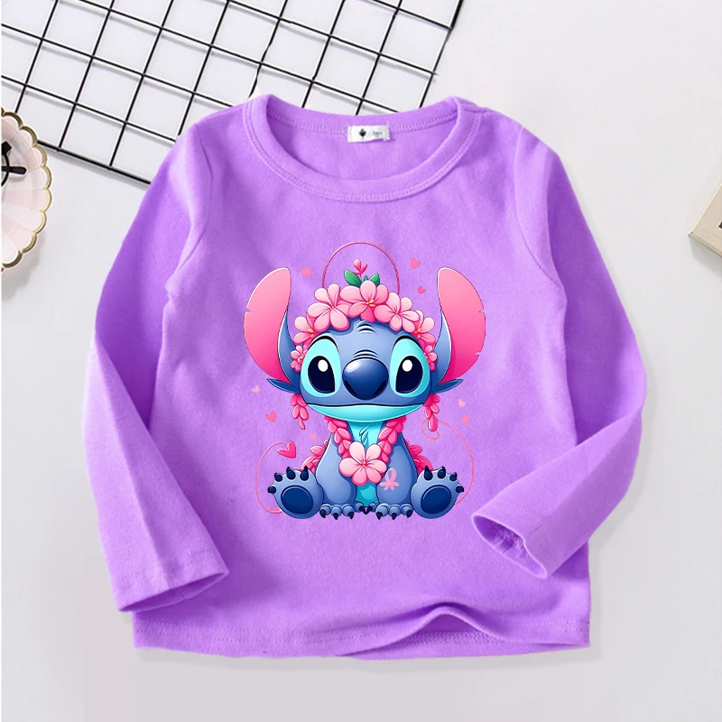 Kawaii Stitch Long Sleeve T Shirt for Girl Purple Crew Neck Tops Cartoon Printed Children Tee Shirts Autumn Cute Baby Clothes