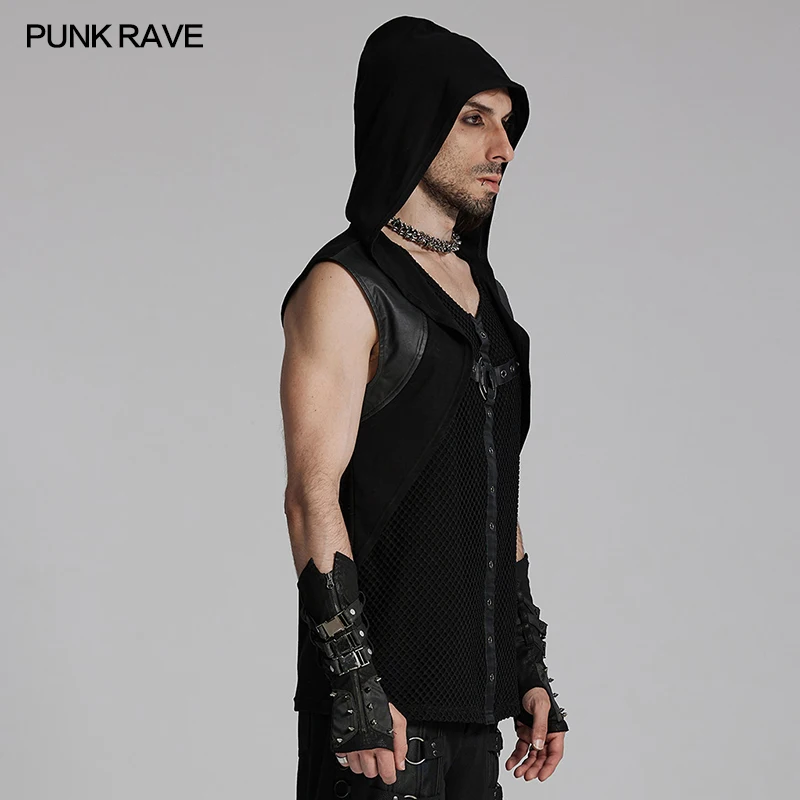 PUNK RAVE Men's Punk Hooded Shoulder Decadent Vest Metal Rings Decoration Cool Handsome Slim Men Clothing