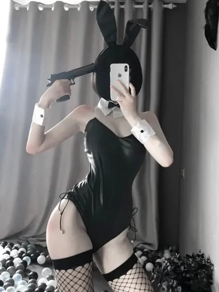 Porno Bunny Girl Cosplay Woman Sexy Lingerie PU Faux Leather Bodysuit with Tie Headband Set Kawaii Rabbit Suit Exotic Costume