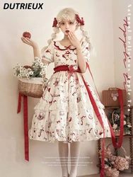 Spring and Summer Sweet Cute Lolita Printed Chiffon Girl Mid-Length Dress Short Sleeve Petal Collar Waist-Tight Op Dresses