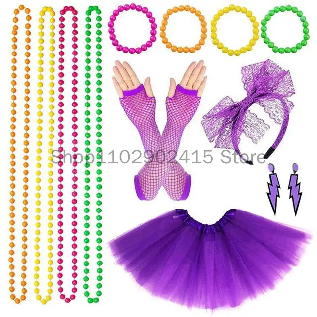 

Women 80s Fancy Dress Accessories Retro Party Costume Set Adult Tutu Skirt Neon Fishnet Gloves Beaded Necklace Bracelet Earrings