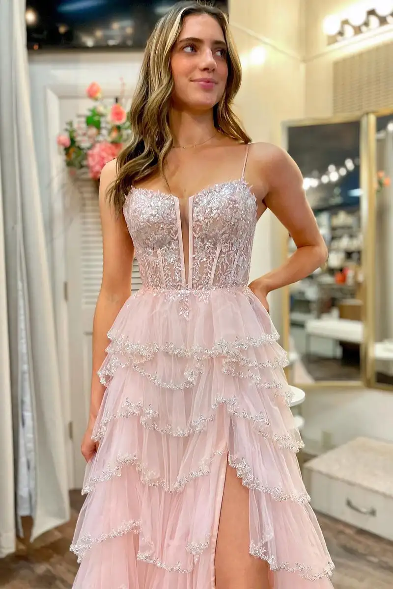 Tulle Spaghetti Straps A-line Prom Dresses Square Collar Appliques Sequins Party Cake Dress Backless High Split Evening Gowns