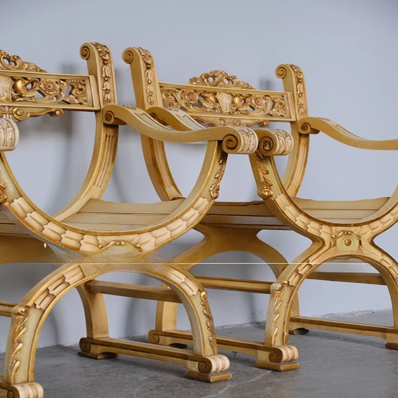 

French European beech pure solid wood hand-carved gold-painted leisure chair outdoor armrest armchair balcony single chair