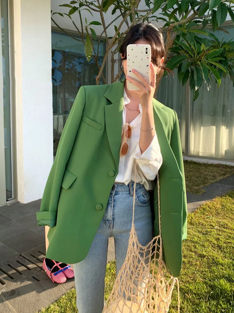 2024 Women Chic Blazer Office Lady Green Coat Korea Fashion Notched Collar Ladies Elegant Single Breasted Outerwear Jacket Black