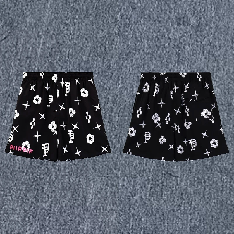 24SS Purple Brand Black White Floral Print Mesh Breathable Shorts Men's Women's Shorts Purple Brand Street Casual Beach Shorts