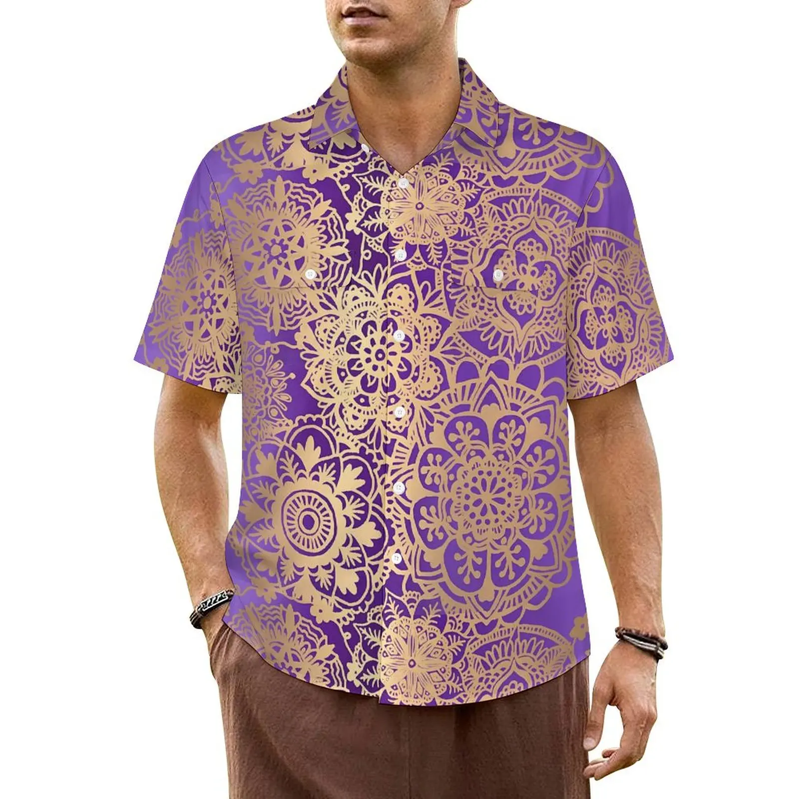 

Boho Mandala Beach Shirt Purple and Gold Hawaiian Casual Shirts Men Elegant Blouses Short Sleeve Comfortable Design Clothes