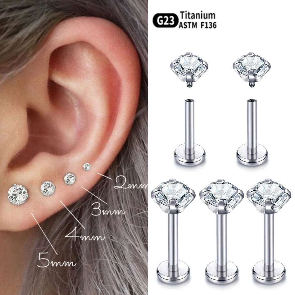 Implant Titanium Labret Piercing Cubic Zircon Set Internal Thread Ear Lobe Helix Tragus Conch Stud Earring Pircing Body Jewelry