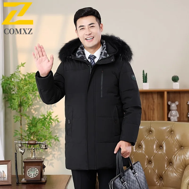 

COMXZ 2025 Мужской зимний новый пуховик среднего возраста, короткий белый утиный пух, термостойкое повседневное водонепроницаемое ветрозащитное спортивное пальто на открытом воздухе