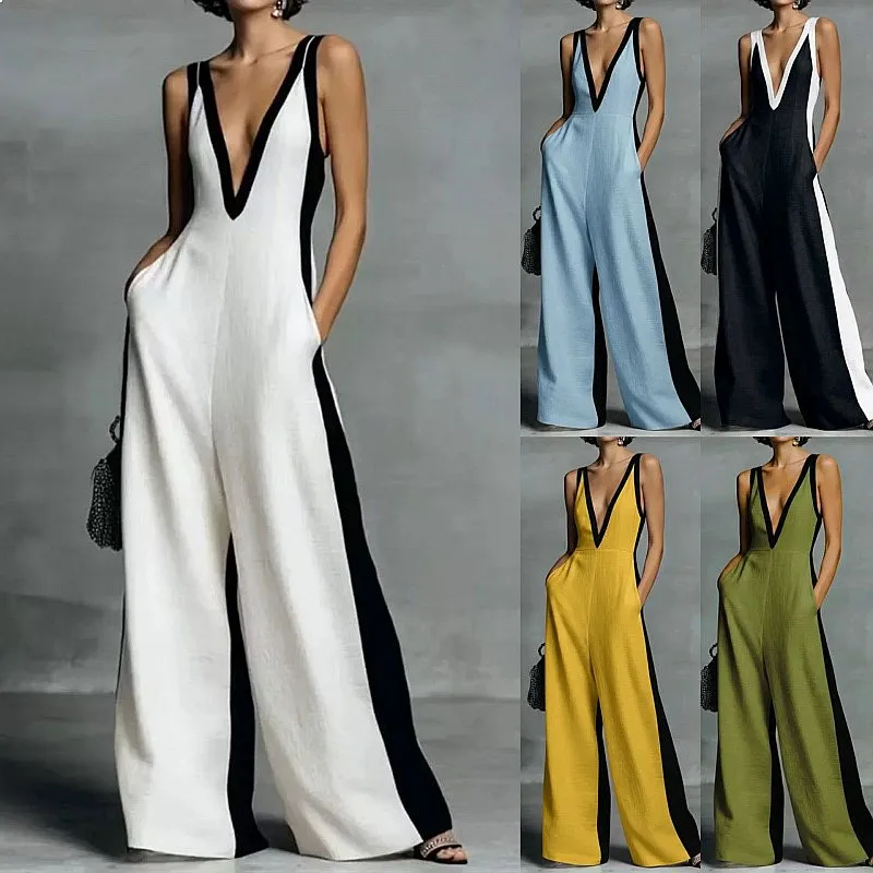 Deep V Contrast Color Wide Leg Jumpsuits Overall Playsuits Luxe Summer Spring