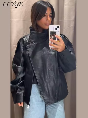 Street Women's Stand Collar Leather Jacket Loose Zipper Buttons Long Sleeve Female Coat 2025 Autumn Lady Locomotive Outwear New