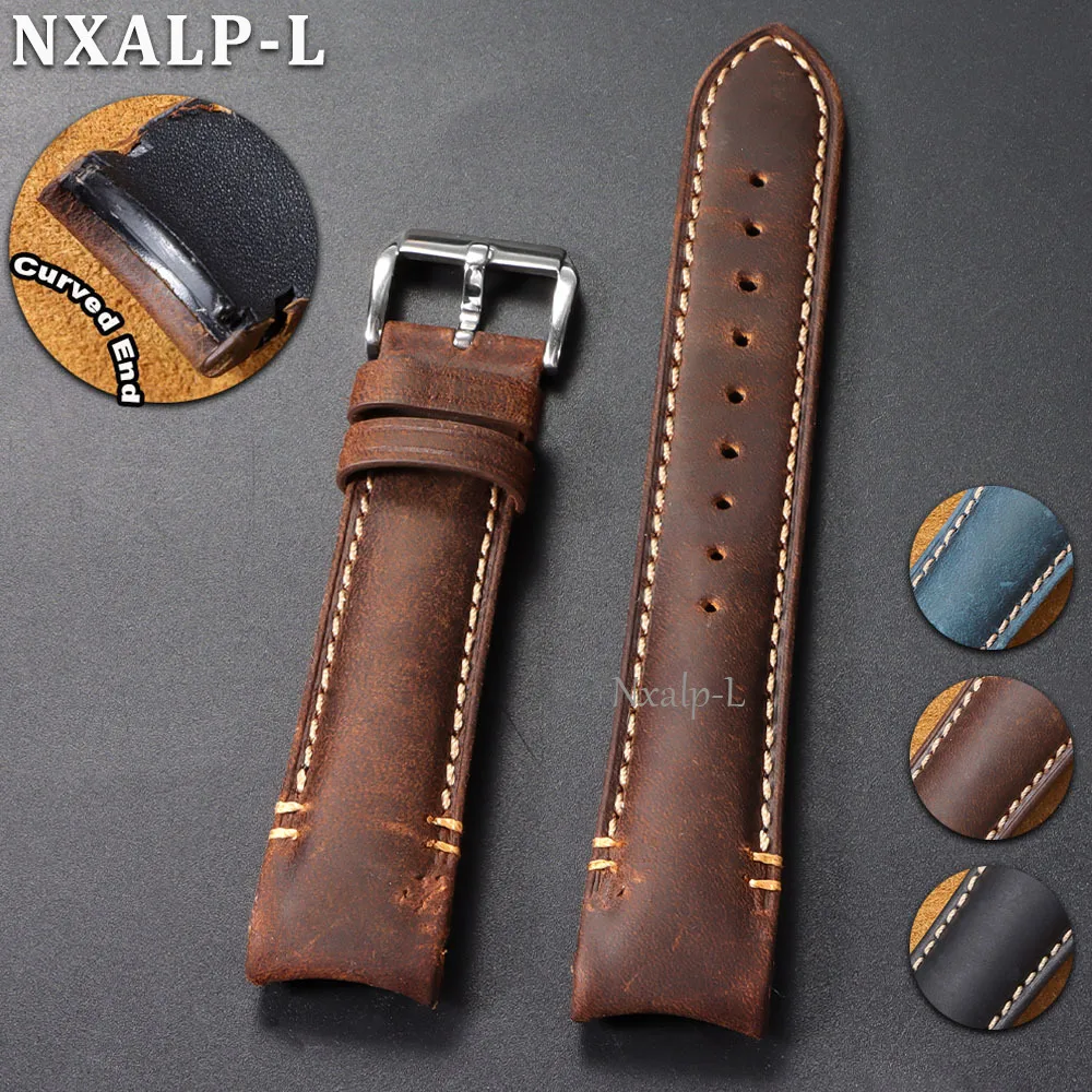 Curved End Bracelet Oil Wax Cowhide Watch Band 20mm 22mm High Quality Handmade Stitching Straps for Omega for Rolex Wristband