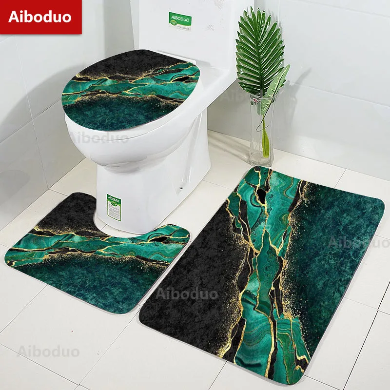 Dark Green Marble Gold Line Design Bathroom 3Pcs/set Mat Home Flannel Decorate Accessories Floor Rug Toilet Cover 40*60/50*80 CM