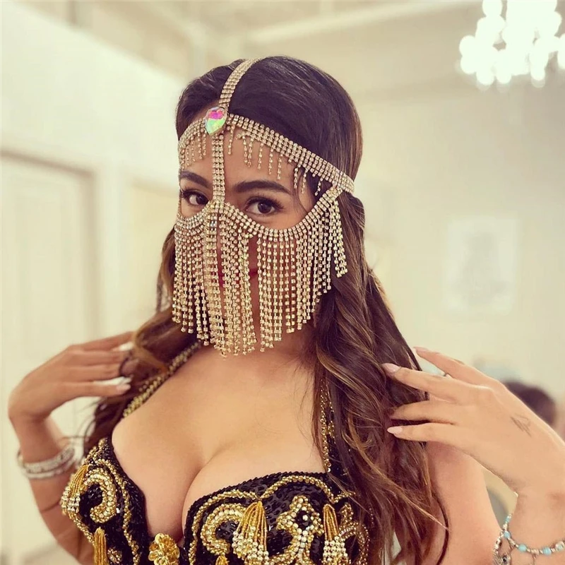 2022 Luxury AB Colored Gemstones Long Fringe Mask Ladies Sexy Belly Dance Mask Masquerade Rhinestone Face Jewelry Accessories