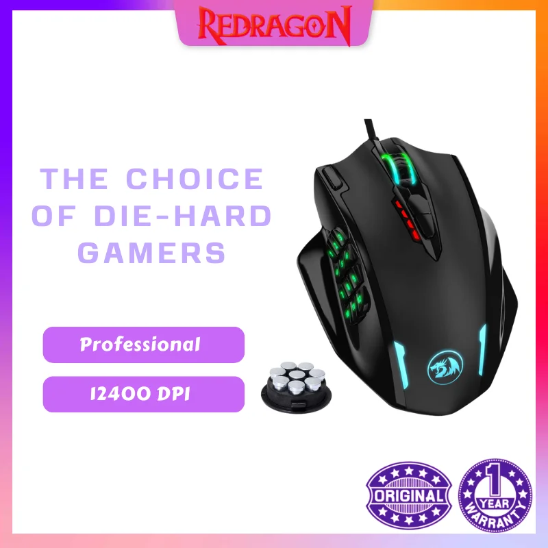 Redragon M908 12400 DPI IMPACT Gaming Mouse 19 Programmable Buttons RGB LED Laser Wired MMO Mouse High Precision Mouse PC Gamer