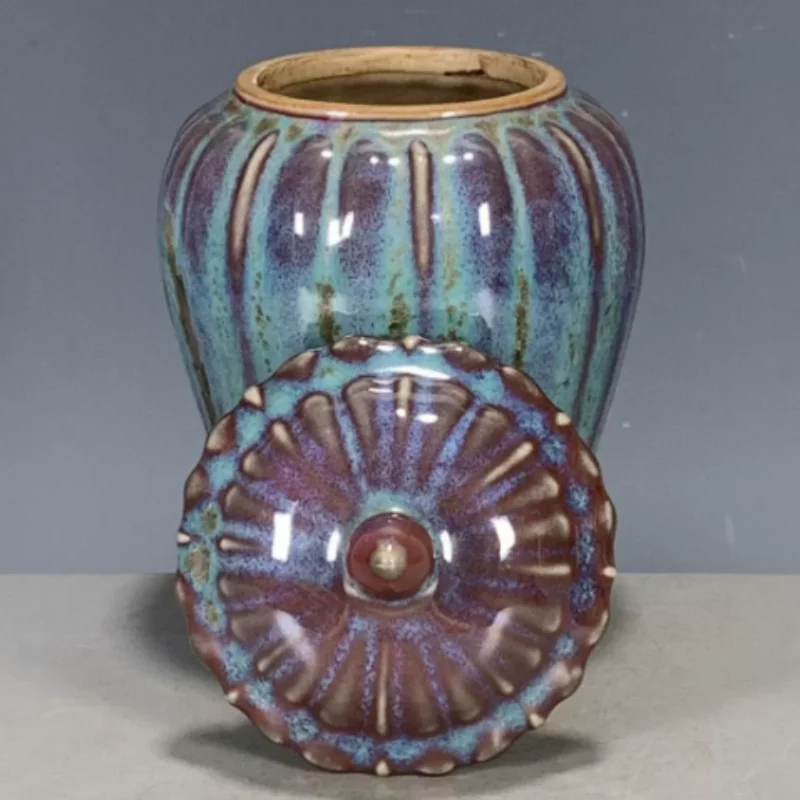 Antique Jun Kiln Flambe Melon-shaped General Jar - Small Lidded Ceramic Jar, Chinese Style Folk Art Collectible