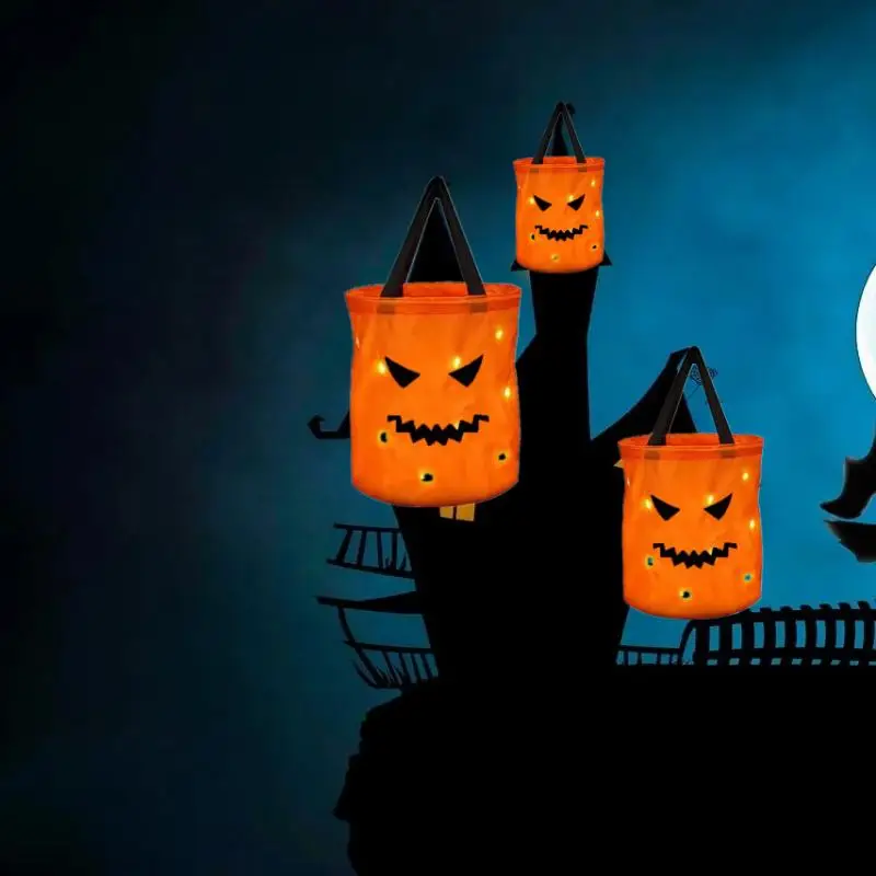 

Halloween Pumpkin Tote Bag LED Light Up Handle Reusable Trick Or Treat Candy Bag For Kids Party Decor Gift Present