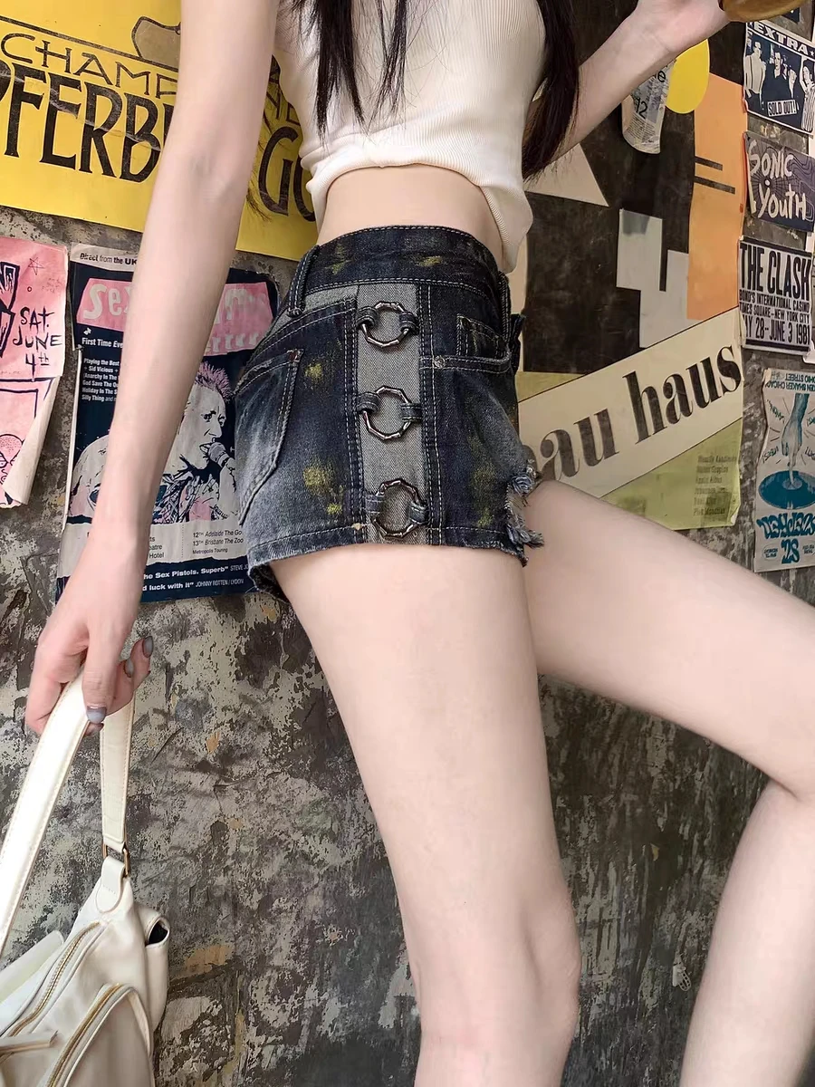 RORORIRI Grayu Foro strappato Pantaloncini di jeans blu Donna Anello Deocr Vintage Wash Distressed Pantaloni a vita bassa Y2k Estate Streetwear