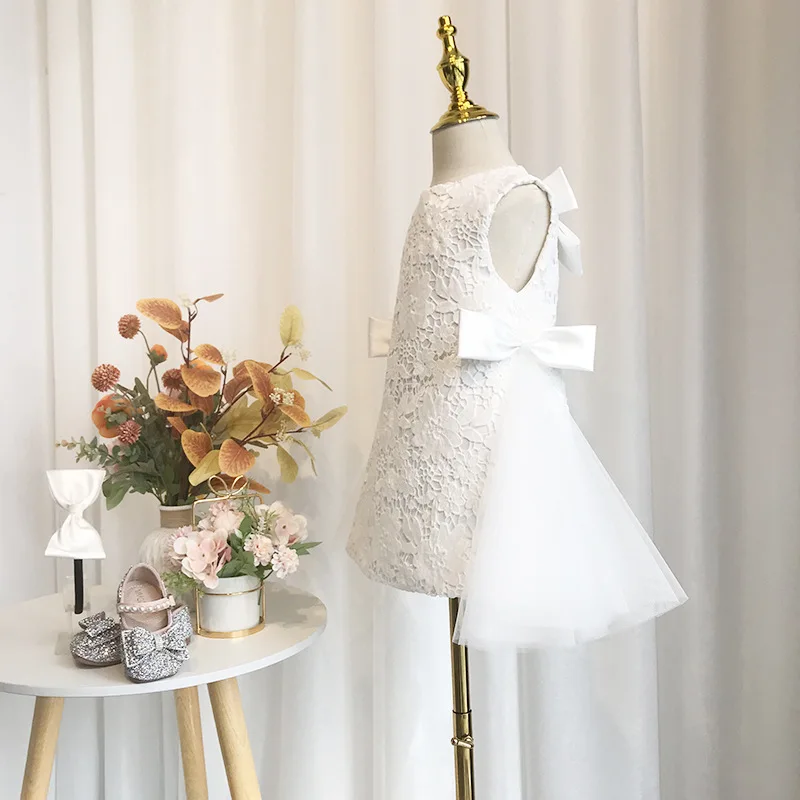 Vestido de encaje blanco para niña, tutú de princesa con lazo, vestido de flores para boda, vestido de baile sin mangas para bebé, vestido de fiesta de cumpleaños infantil