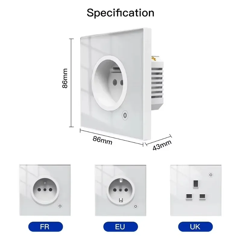 WiFi Tuya Smart 16A Smart Wall Socket Glass Panel Outlet Power Monitor Touch Plug Relay Status Light Mode Adjustable Smart Life