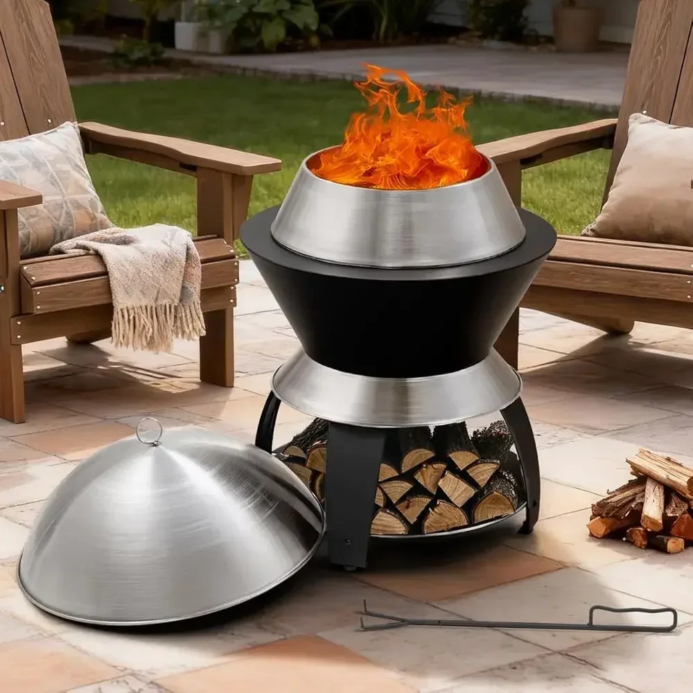 20 Inch Outdoor Fire Pit with Waterproof Lid, Removable Ash Pan, Portable Steel Fire Pits for Wood Burning, Camping, Picnic, Bla