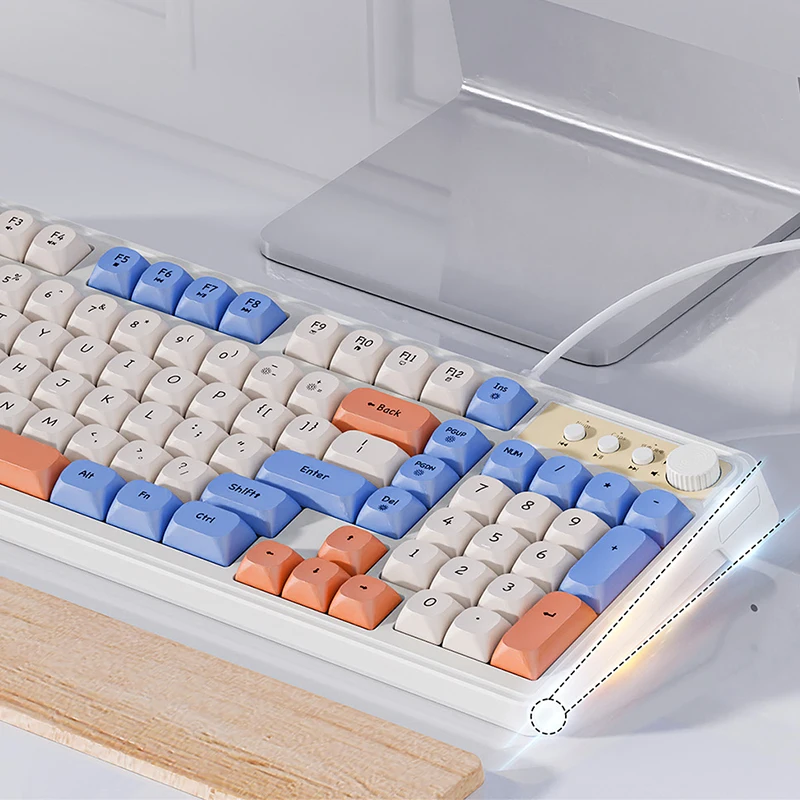 EWEADN Wired Gaming Keyboard, 98 Silent Keys, Cream Keycaps, Rainbow RGB Backlit, Ergonomic Compact Design for eSports