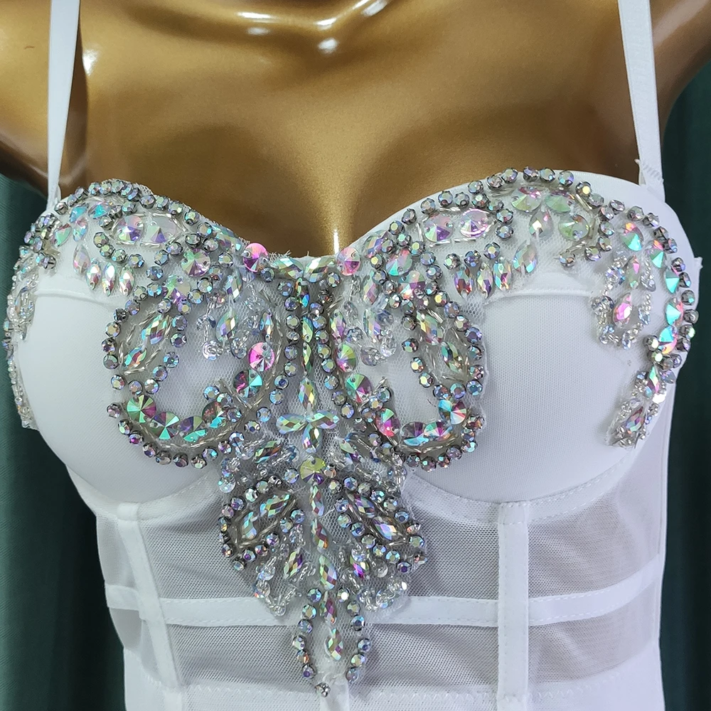 Cupnaya High End Rhinestones Embroidery Women Sexy Crop Top Bustier Corset Short Camisole Bralette Dance Vest White Black Green