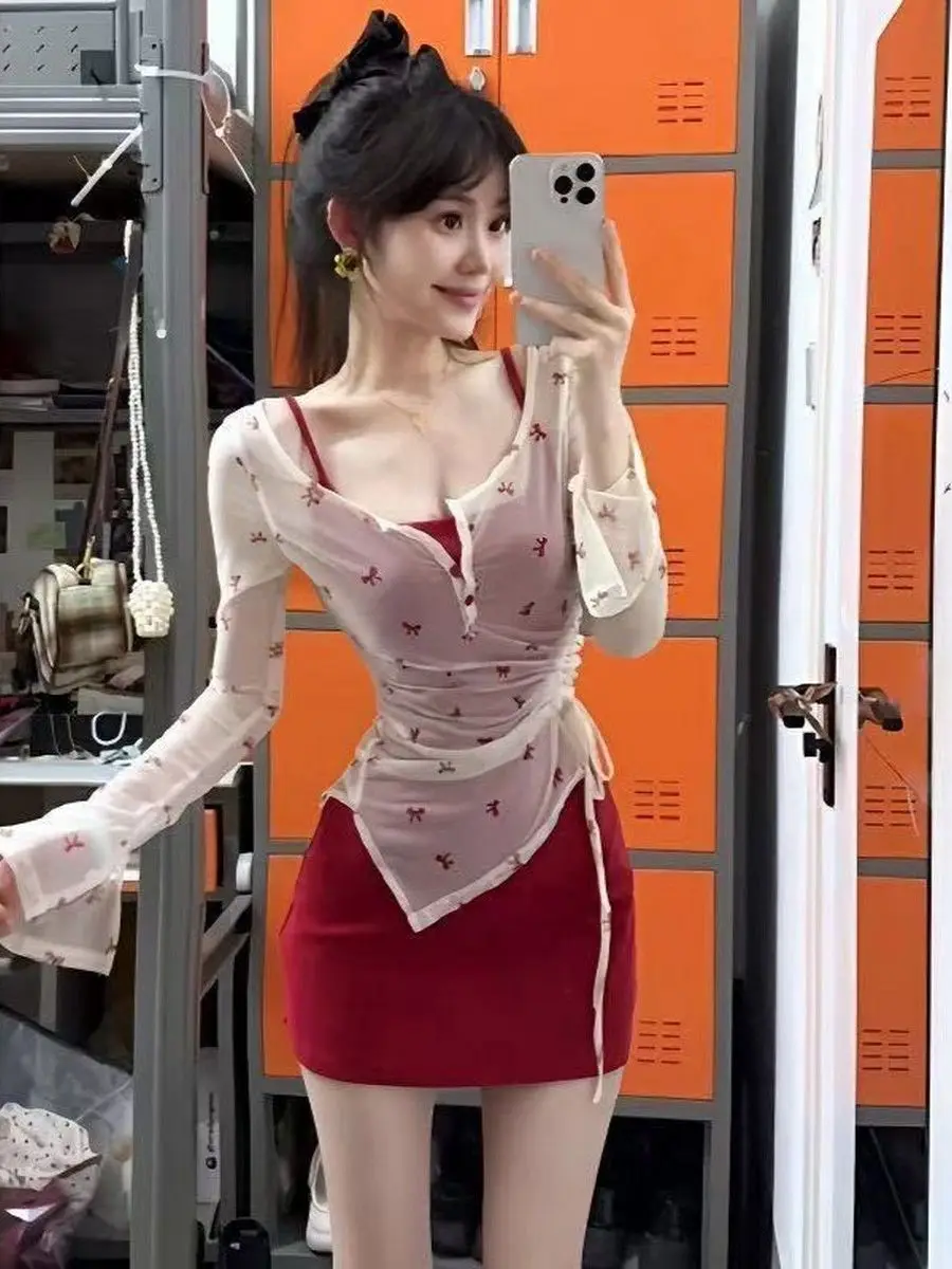 Red Strapless Long Sleeve Sundress Women's Summer Slimming Uneven Length Sun Protection Cover up Two Piece Set Commute Style