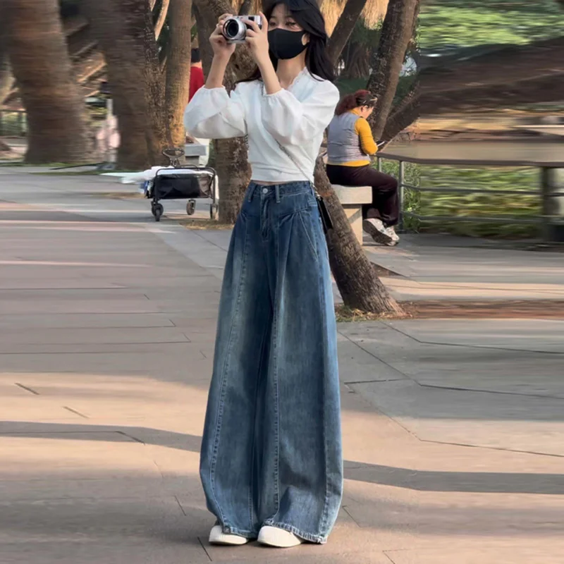여성용 하이웨이스트 와이드 레그 진 미국 레트로 2025 신상 트렌디 플러스 사이즈 루즈 슬림 캐주얼 스트레이트 플레어 팬츠