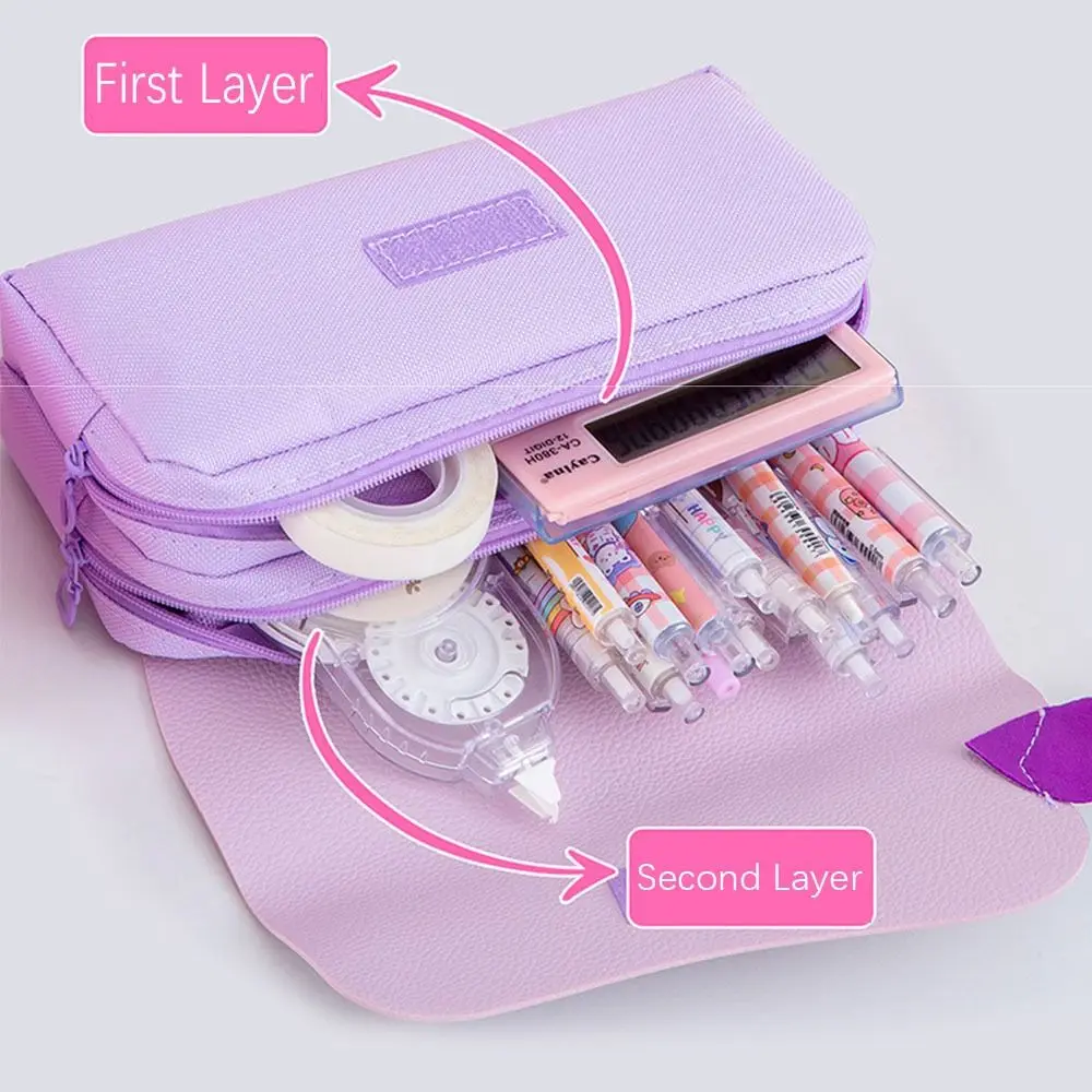 Cartoon Canvas Stationery Storage Bag 3-Layer Multi-function Pen Bag Large-capacity Portable Pen Pouch