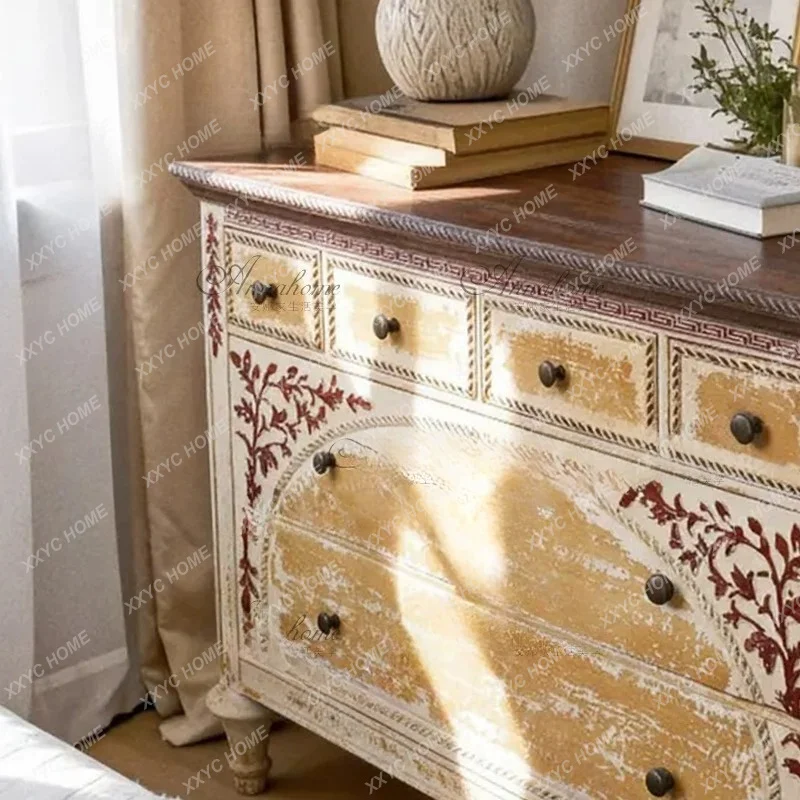 Neoclassical Painting Chest Living Room Solid Wood Distressed Storage Master Bedroom Entryway