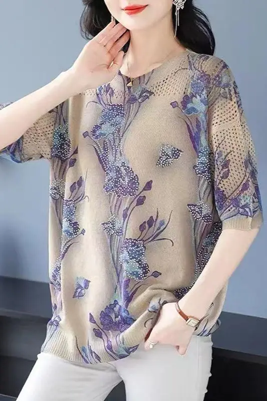 

Printed New Chinese Style Mother Women's Round Neck T-shirt Short Sleeve Thin Hollow Season Women's Clothing