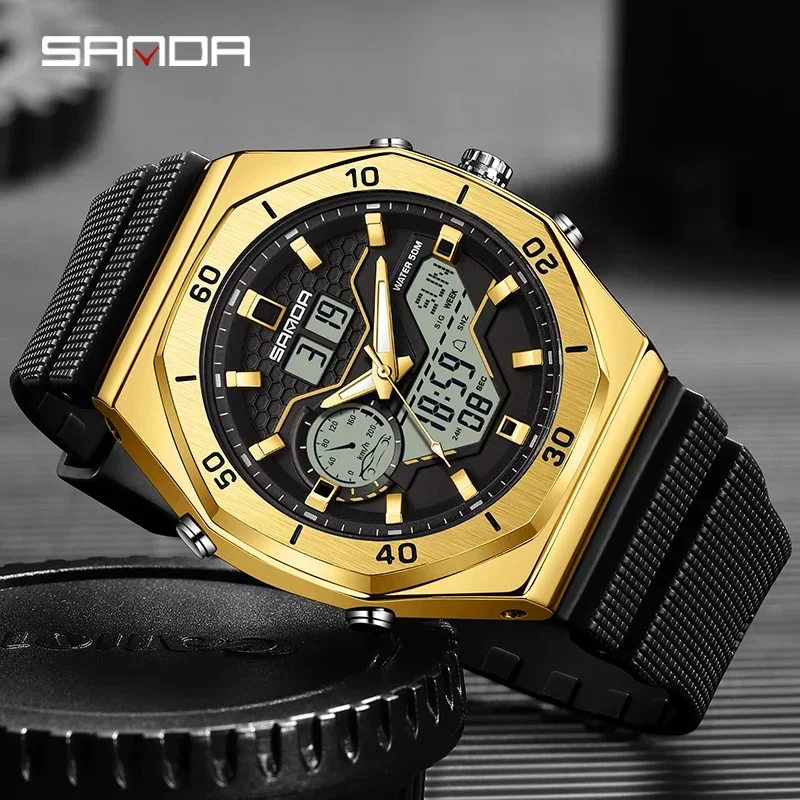 SANDA Orologio militare da uomo multifunzionale LED luminoso Doppio display Orologio elettronico Marchio di lusso 2024 Orologio da uomo di nuova moda 6209