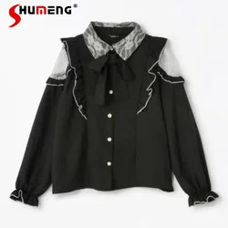 Sweet Children's Lace Lapel Ruffled Blouse Female Japanese Style Fall Mine Series Mass Production Long Sleeve Bow Tie Top Shirt