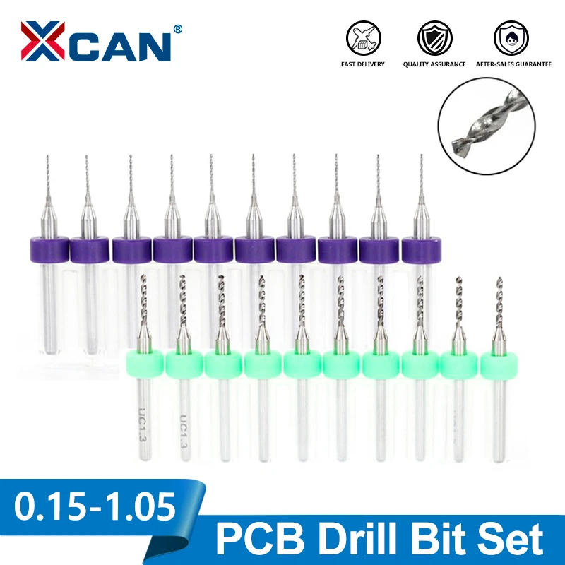 XCAN 10pcs 0.15-1.05mm PCB Drill Bit Set Carbide Micro Drill Bits  For Printed Circuit Board Mini CNC Drill Bit