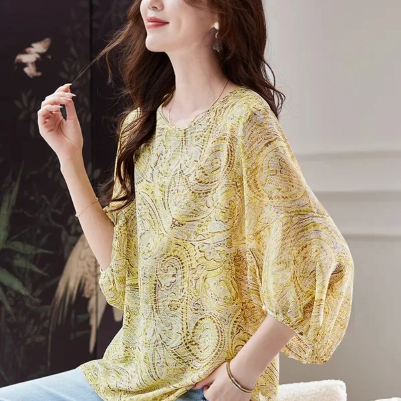 

Yellow Paisley Print Loose Fit Women Blouse With Puff Sleeves Bohemian Style Summer Casual Top For Middle Age Women