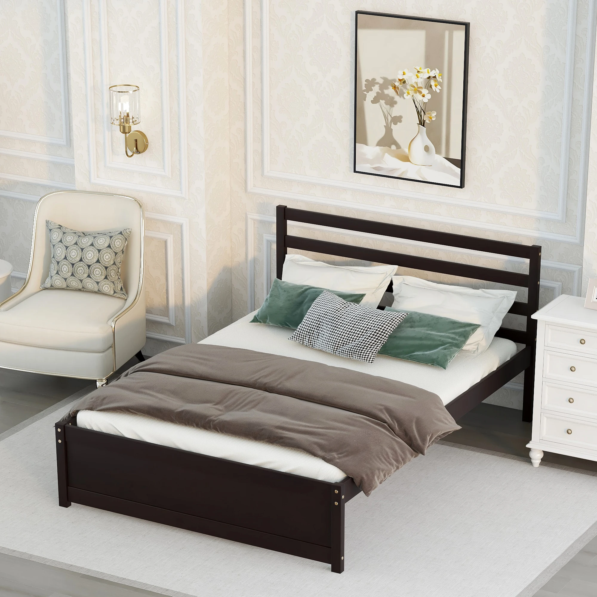 

Full Size Wood Platform Bed Frame with Headboard for whiet color Bedroom Furniture for Bedroom