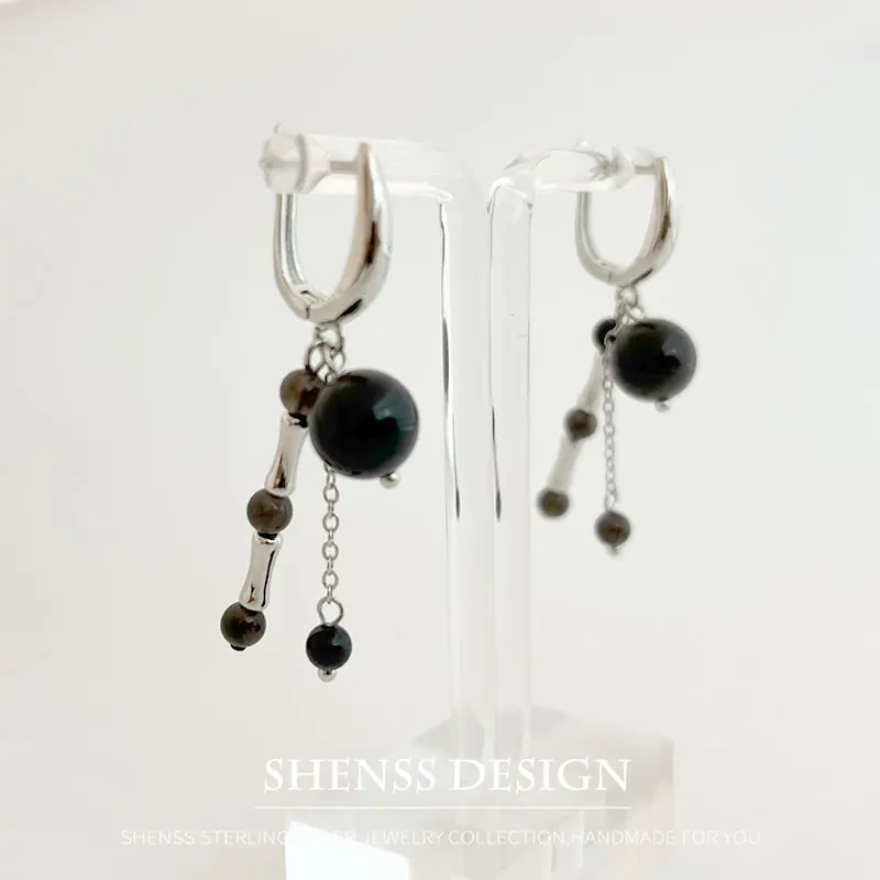 Copper silver-plated obsidian earrings for women's personalized earrings