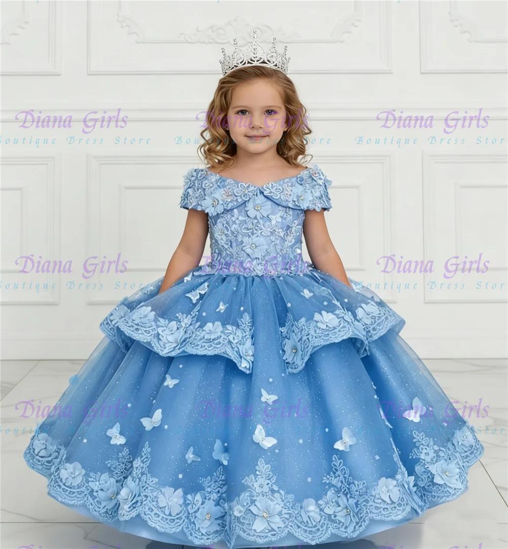 

Качественное роскошное платье для девочек с цветочным узором, синее, из пышного тюля, с изысканной аппликацией, для свадьбы, дня рождения, вечерних мероприятий.