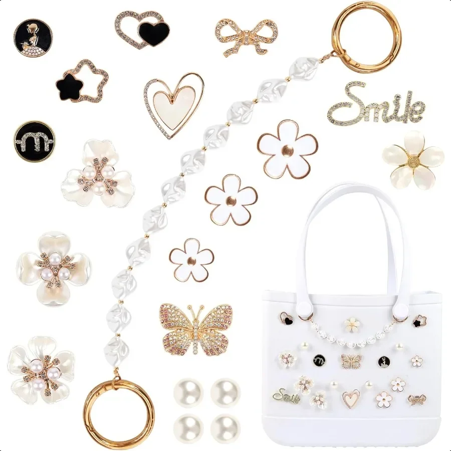 

Bling Accories for BOGG Bags 22PCS Flower Letter Pearl Chain Charms EasyClip Rhinestone Decorations for Beach Totes Crochet Rub