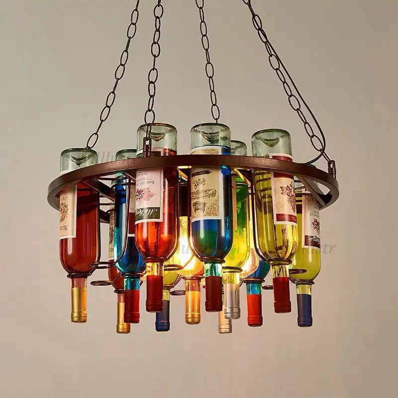 Industrial Glass Pendant Lamp Retro Wine Bottle Suspension Light Hotel Bar Loft Cafe Bistro Iron Hanging Ceiling Chandelier