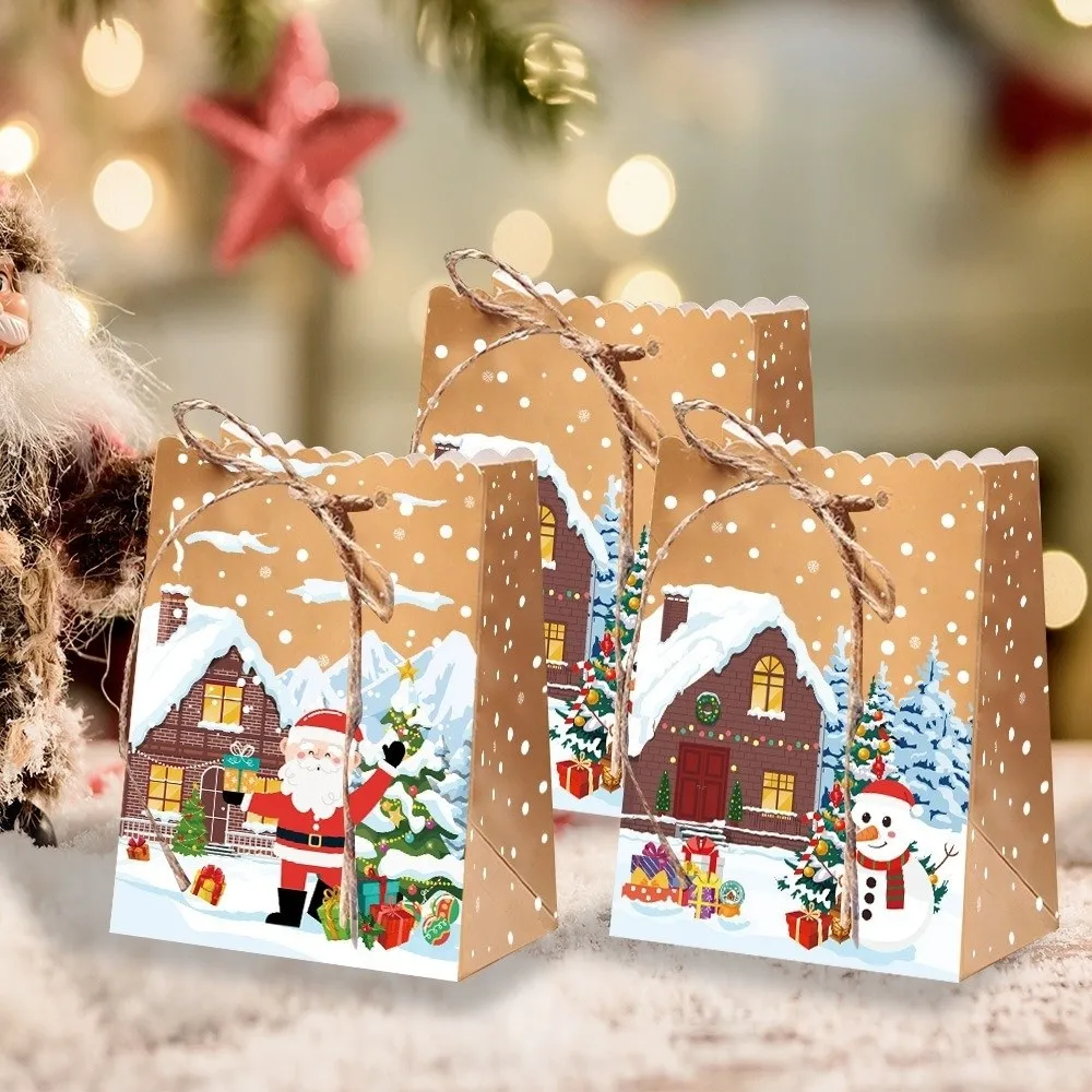

10pcs Thicken Kraft Paper Bags Drawstring Closure Large Capacity Rope Present Bags Santa Claus Pattern Gift Wrapping Bags