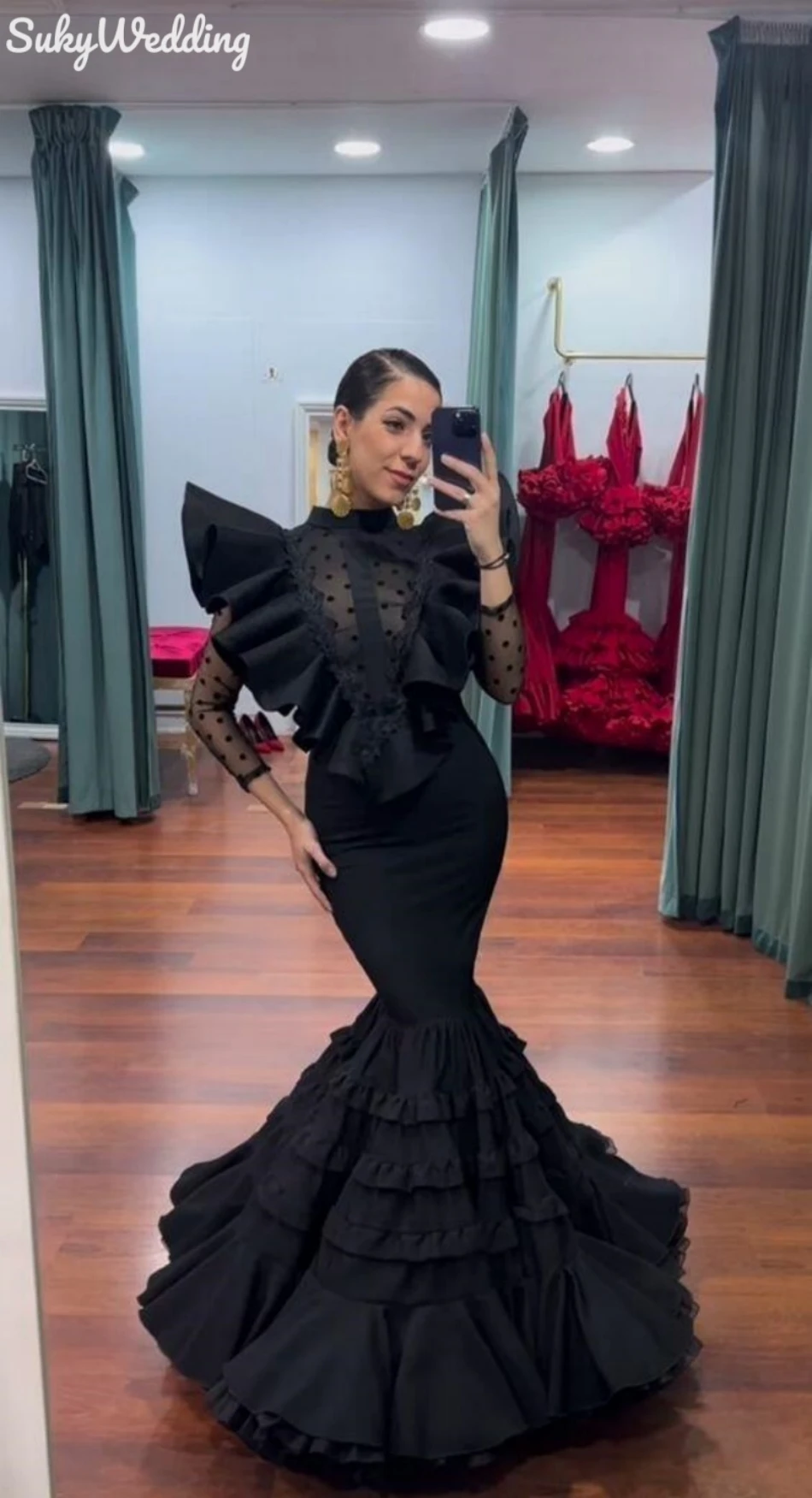 Black Lace Flamenco Dress Retro Palace Mermaid Prom Dresses Illusion Long Sleeves Mesh Ruffles High Neck  Women Party Gowns