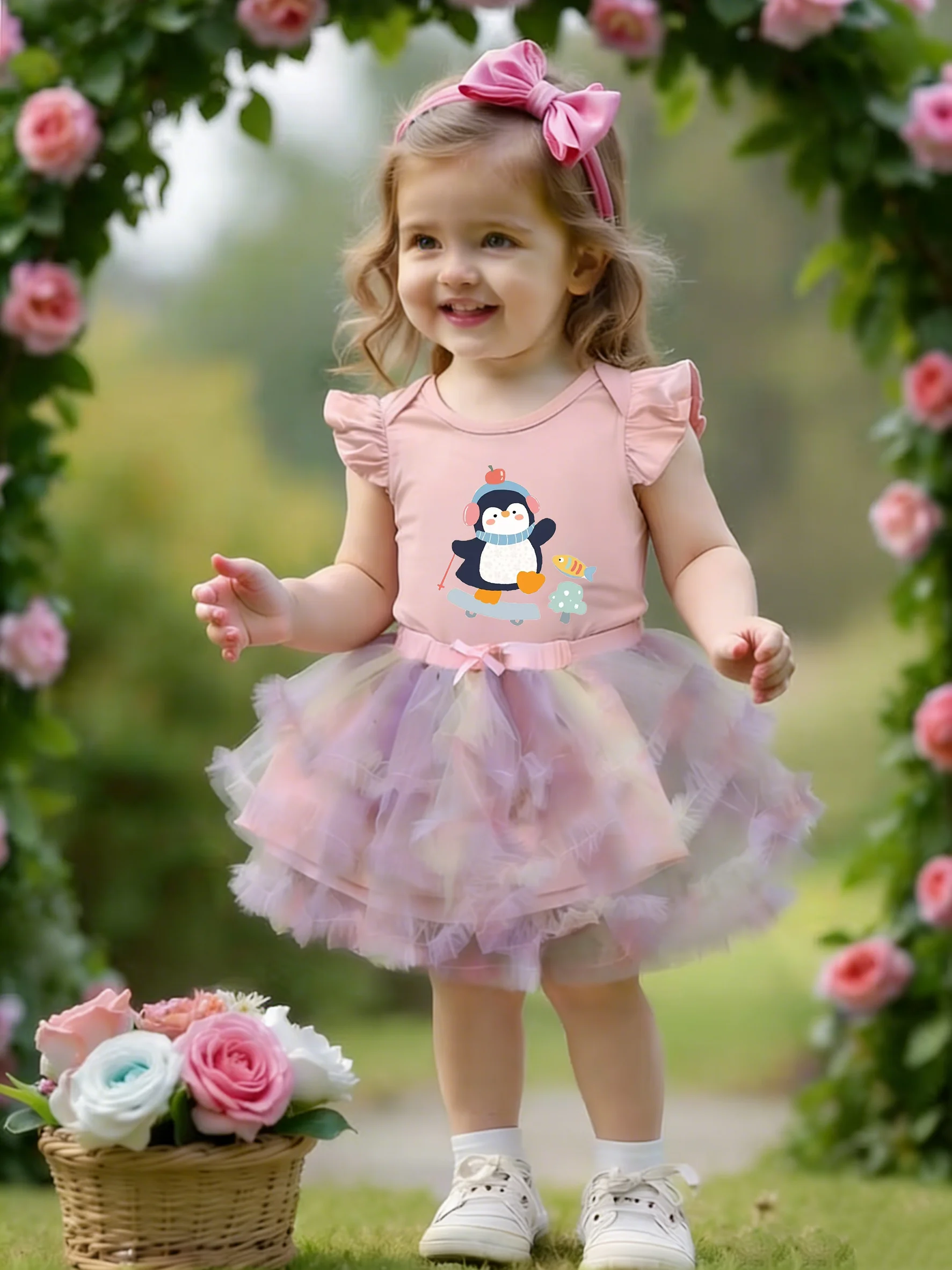 

Two-Color Ski Penguin Print Ruffle Sleeve Rainbow Tulle Tutu Dress Girls Sweet Set