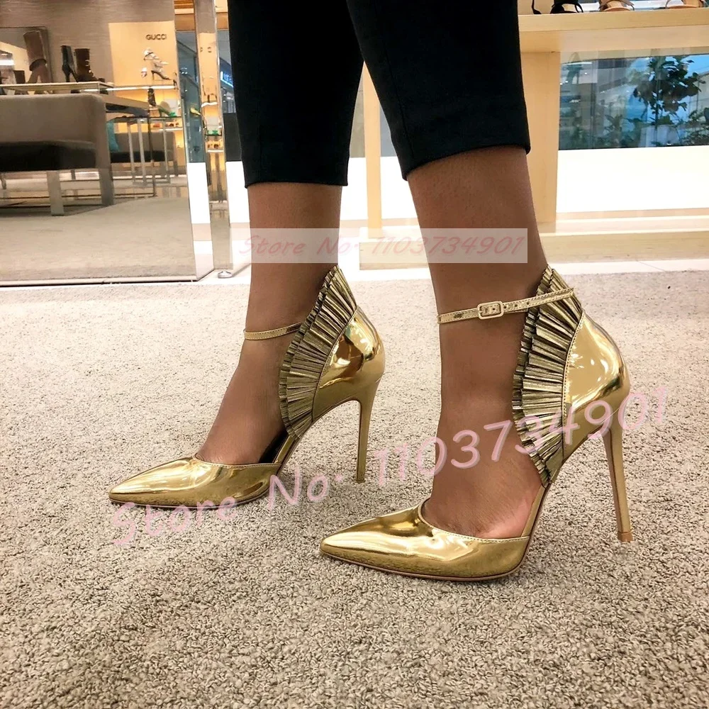 

Ruffled Metallic Gold Pumps Women Luxury Chic Pointed Toe High Heels Party Shoes Female Summer Ankle Strap Cover Heel Sexy Shoes