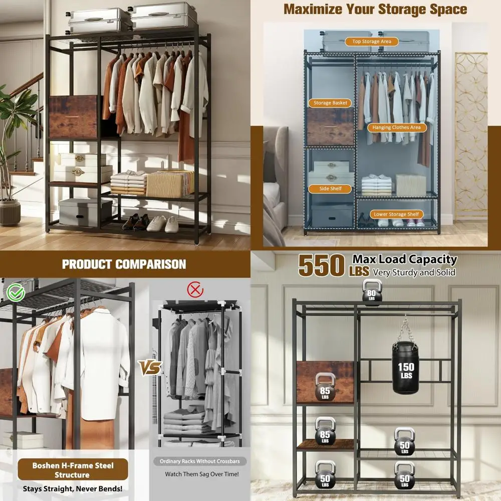 porte-vetements-robuste-a-4-etageres-avec-tiroir-organisateur-de-garde-robe-autoportant-d'une-capacite-de-550-lb-pour-suspendre-des-vetements-portable